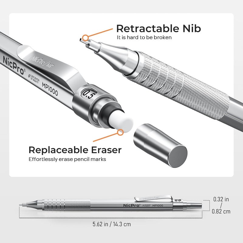 Nicpro 4 PCS Metal Mechanical Pencil Set 0.5 mm & 0.7mm with Case, Artist Pencil MP1000 with 6 Tubes HB Lead Refill, 3 Eraser, 9 Eraser Refill For Art Writing Drafting Drawing,Black & Silver - Image 3