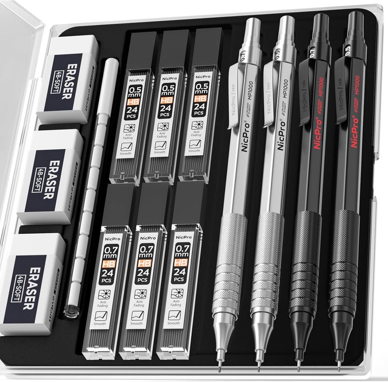 Nicpro 4 PCS Metal Mechanical Pencil Set 0.5 mm & 0.7mm with Case, Artist Pencil MP1000 with 6 Tubes HB Lead Refill, 3 Eraser, 9 Eraser Refill For Art Writing Drafting Drawing,Black & Silver - Image 1