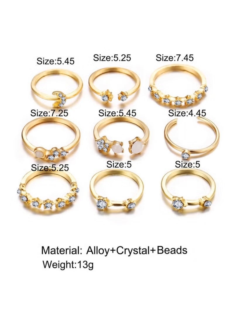 Huitich Elegant 9-Piece Gold Colour Crystal Ring Set Fashionable Alloy Rings for Women - Image 2