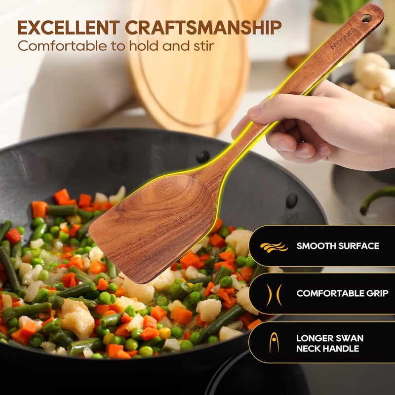 Mooues Wooden Spoons for Cooking, 10 PCS Teak Wood Cookware Utensil Set with Hooks - Smooth Finish, Non-Stick, Comfortable Grip, Heat Resistant Kitchen Utensils Gift Box - Image 5
