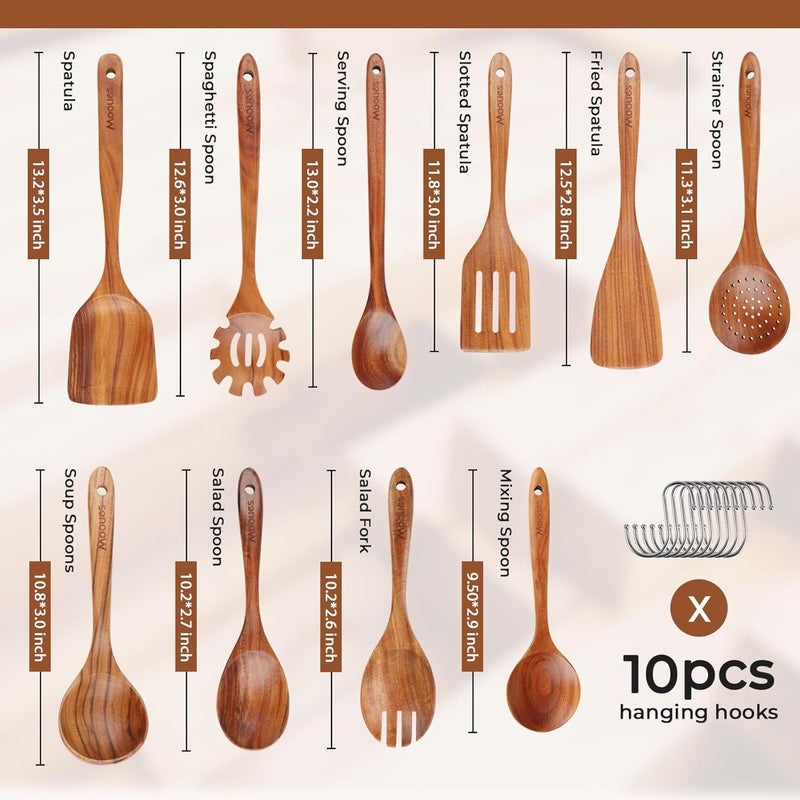 Mooues Wooden Spoons for Cooking, 10 PCS Teak Wood Cookware Utensil Set with Hooks - Smooth Finish, Non-Stick, Comfortable Grip, Heat Resistant Kitchen Utensils Gift Box - Image 3