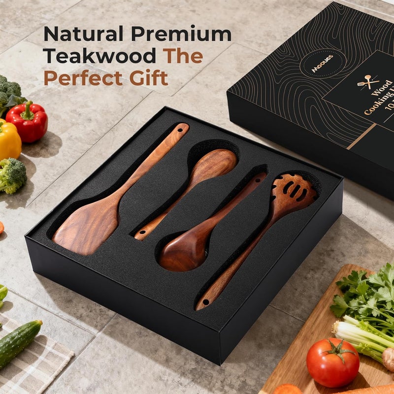 Mooues Wooden Spoons for Cooking, 10 PCS Teak Wood Cookware Utensil Set with Hooks - Smooth Finish, Non-Stick, Comfortable Grip, Heat Resistant Kitchen Utensils Gift Box - Image 2