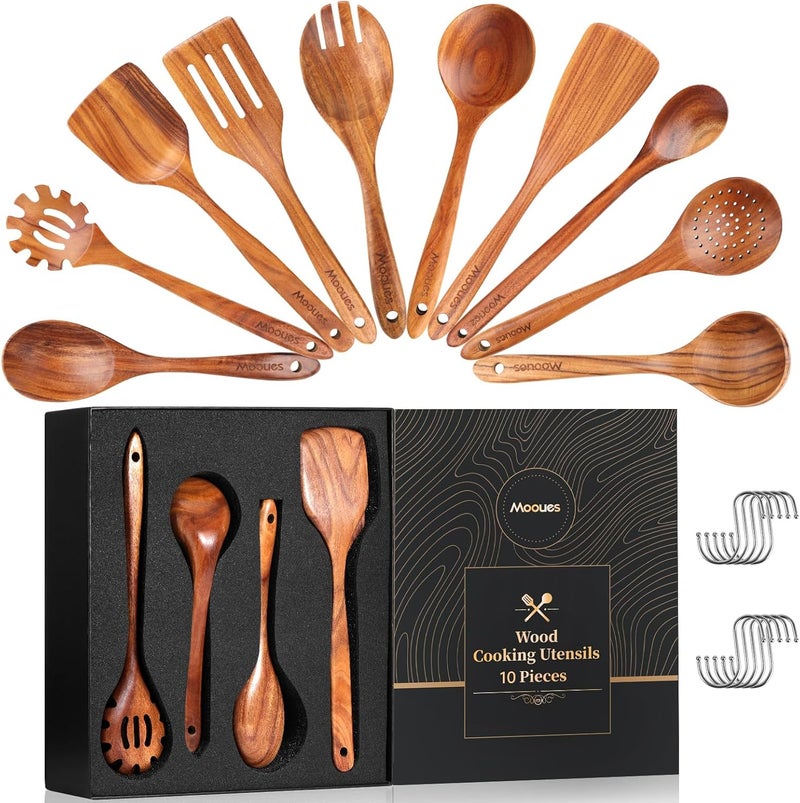 Mooues Wooden Spoons for Cooking, 10 PCS Teak Wood Cookware Utensil Set with Hooks - Smooth Finish, Non-Stick, Comfortable Grip, Heat Resistant Kitchen Utensils Gift Box - Image 1