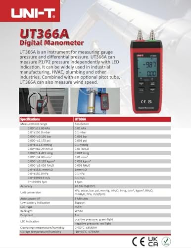 UNI-T Uni-Trend UT366A Digital Manometer Measure P1/P2 Pressure and Measure Wind Speed with Certificates: CE, UKCA - Image 2