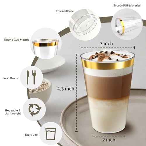 Byvivace 12OZ Plastic Cups with Gold Rimmed Sturdy & Food Safe Disposable Wine Glasses Weeding Party Cups Disposable Drinking Cups Plastic Cocktail Glasses for Wine, Juice & Cold Beverages [200 Pack] - Image 5