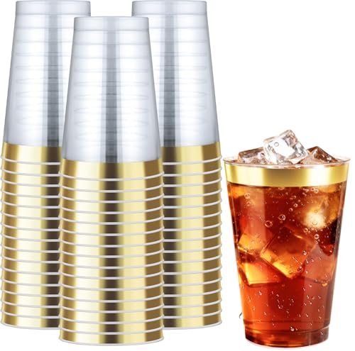Byvivace 12OZ Plastic Cups with Gold Rimmed Sturdy & Food Safe Disposable Wine Glasses Weeding Party Cups Disposable Drinking Cups Plastic Cocktail Glasses for Wine, Juice & Cold Beverages [200 Pack] - Image 1