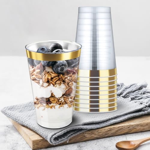 Byvivace 12OZ Plastic Cups with Gold Rimmed Sturdy & Food Safe Disposable Wine Glasses Weeding Party Cups Disposable Drinking Cups Plastic Cocktail Glasses for Wine, Juice & Cold Beverages [200 Pack] - Image 3