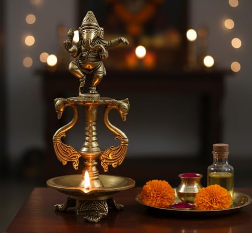 eSplanade Brass Lotus Shaped Round Dancing Ganesh Diya Oil Lamp Home Decor Brass Diya Lamps for Home and Office 8 Inches - Image 3