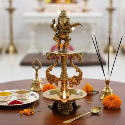 eSplanade Brass Lotus Shaped Round Dancing Ganesh Diya Oil Lamp Home Decor Brass Diya Lamps for Home and Office 8 Inches - Image 1