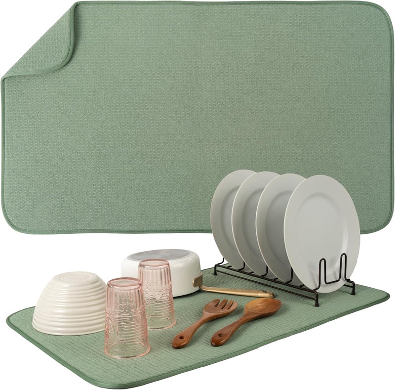 Jumbo Dish Drying Mat, 18” x 30”, Absorbent Microfiber Kitchen Counter Mat, Sage Green - Image 1