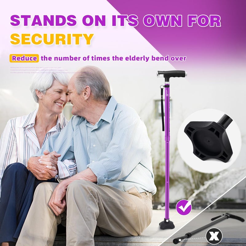 BeneCane Walking Cane for Women Folding Cane for Men with Two Led Lights Quad Cane with Stable Base Lightweight and Adjustable Walking Stick - Image 5