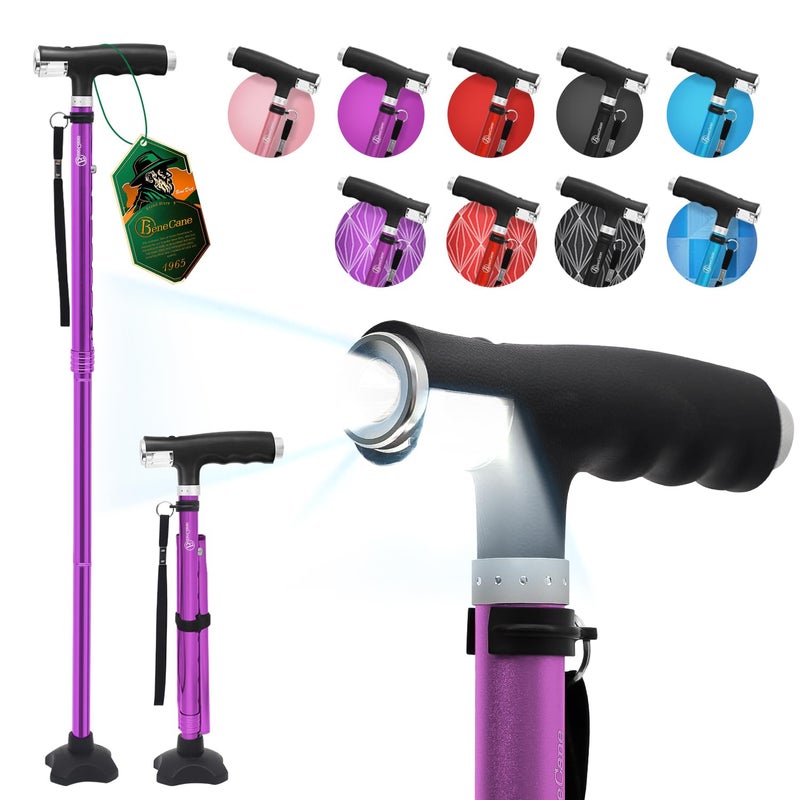 BeneCane Walking Cane for Women Folding Cane for Men with Two Led Lights Quad Cane with Stable Base Lightweight and Adjustable Walking Stick - Image 1