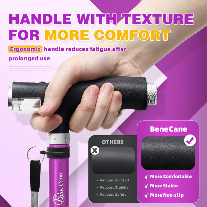 BeneCane Walking Cane for Women Folding Cane for Men with Two Led Lights Quad Cane with Stable Base Lightweight and Adjustable Walking Stick - Image 3