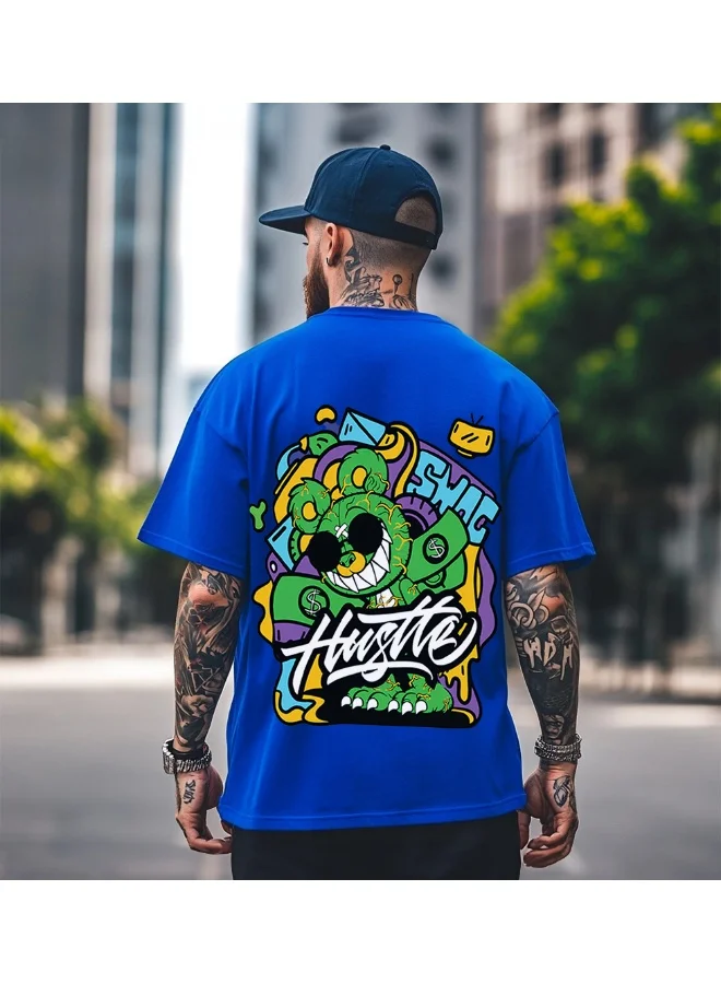 Veirdo Veirdo® Pure Cotton Half Sleeve Round Neck Oversized Fit Graphic Print Royal Blue T-Shirt Men/Boys (OS_100_Hustle_RB_S) (Available in from S to 2XL)