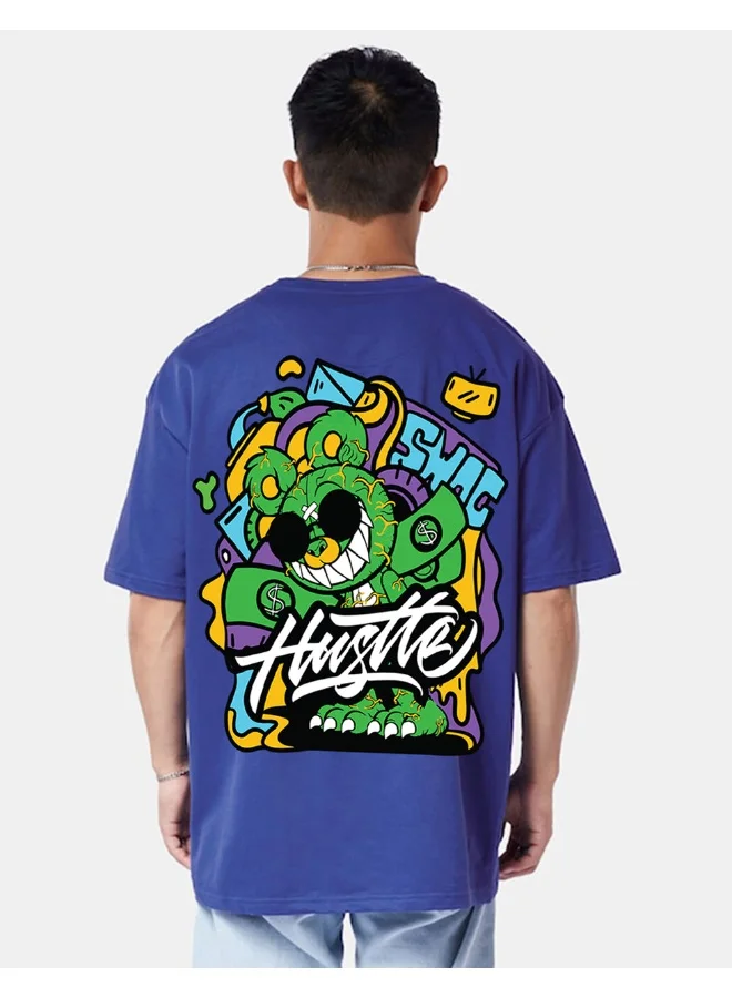 Veirdo Veirdo® Pure Cotton Half Sleeve Round Neck Oversized Fit Graphic Print Royal Blue T-Shirt Men/Boys (OS_100_Hustle_RB_S) (Available in from S to 2XL)