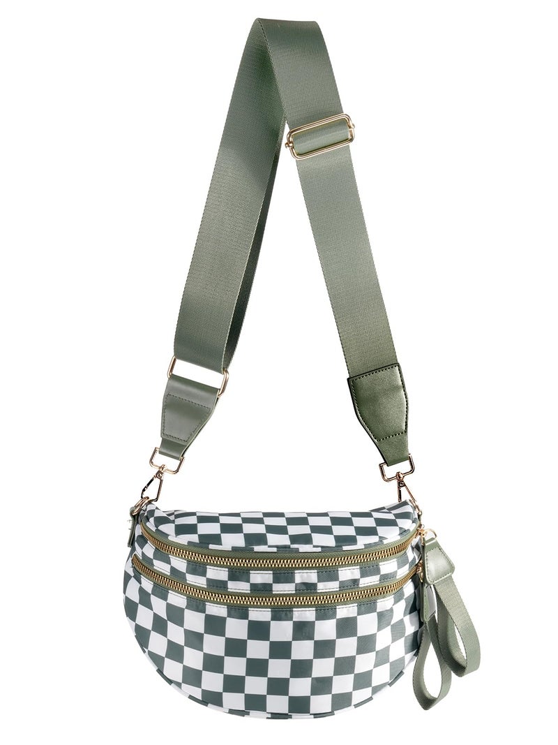 MEISEY Black and White Checkered Crossbody Bum Bag for Women,Spacious Checkered Purse Fanny Packs Belt Sling Bag with Shoulder Strap (Beans Green Checkered) - Image 1