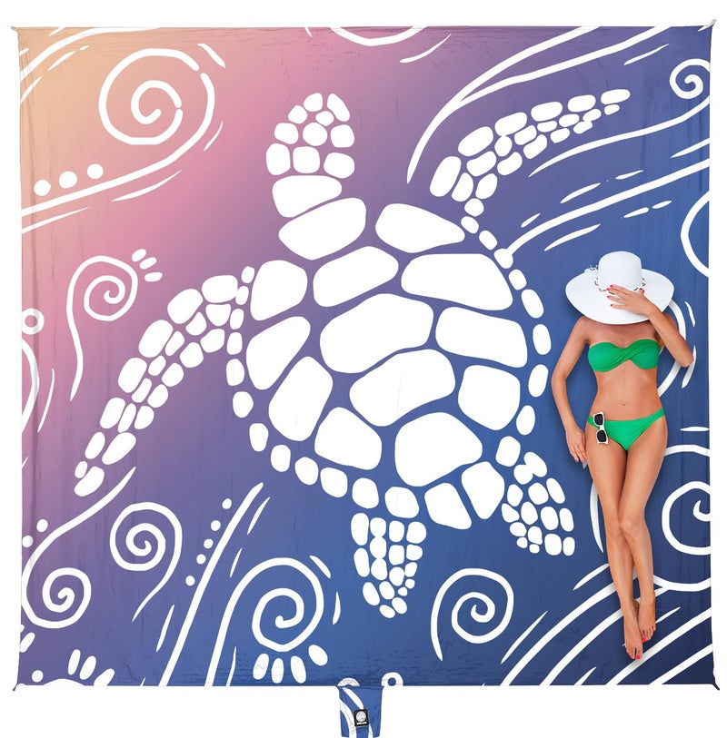 WEKAPO Beach Blanket Waterproof Sandproof Oversized Extra Large Sand Free Beach Mat with Stakes, Storage Bag - Essentials for Outdoor Beach, Picnic (Deep Blue Sea Turtle, 8 X 7 FT (1~4 Person)) - Image 1