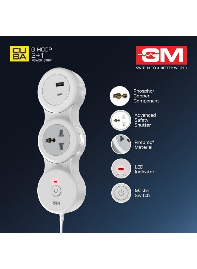 GM G-Hoop 2+1 Spike Guard | Extension Board with Type-A & Type-C Fast Charging | Compact Box with Master Switch, LED Indicator | Universal Plug Types | Best for Bedside, Study Table & Travel Use - Image 5