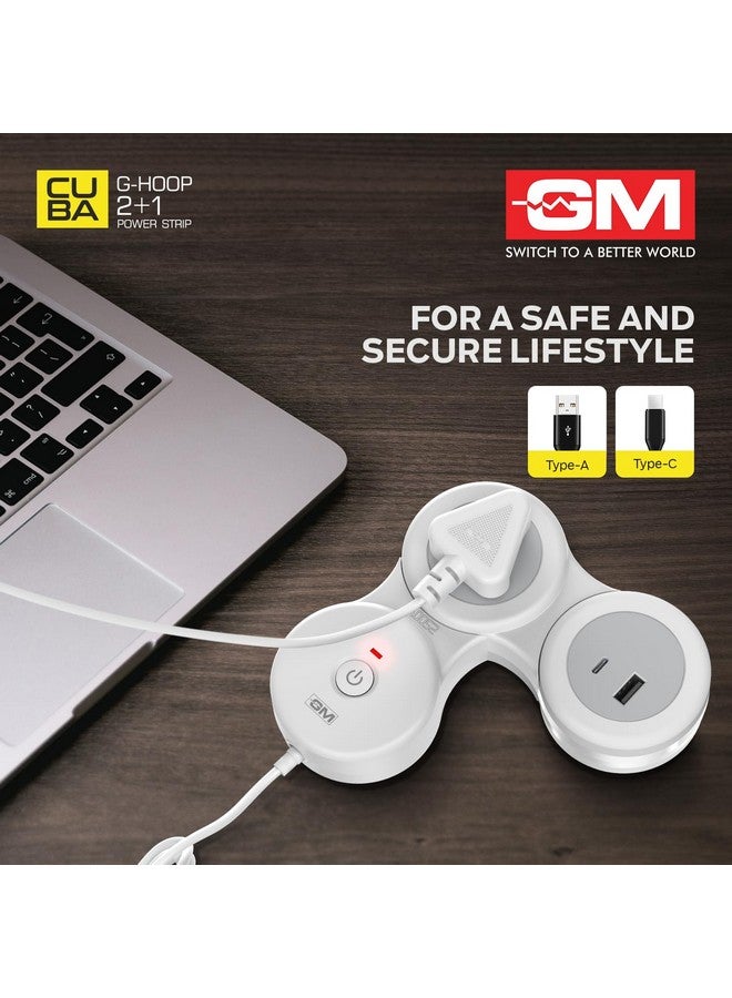 GM G-Hoop 2+1 Spike Guard | Extension Board with Type-A & Type-C Fast Charging | Compact Box with Master Switch, LED Indicator | Universal Plug Types | Best for Bedside, Study Table & Travel Use - Image 2