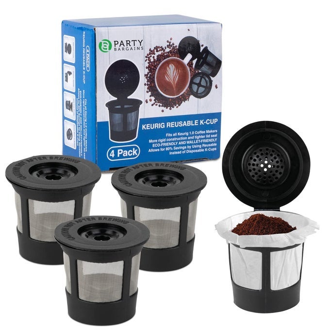 4 REUSABLE FOR KCUPS FILTER FOR KEURIG 10 BREWERS ECOFRIENDLY UNIVERSAL FIT REFILLABLE SINGLE CUP COFFEE FILTERS STAINLESS STEEL MESH FILTER BLACK