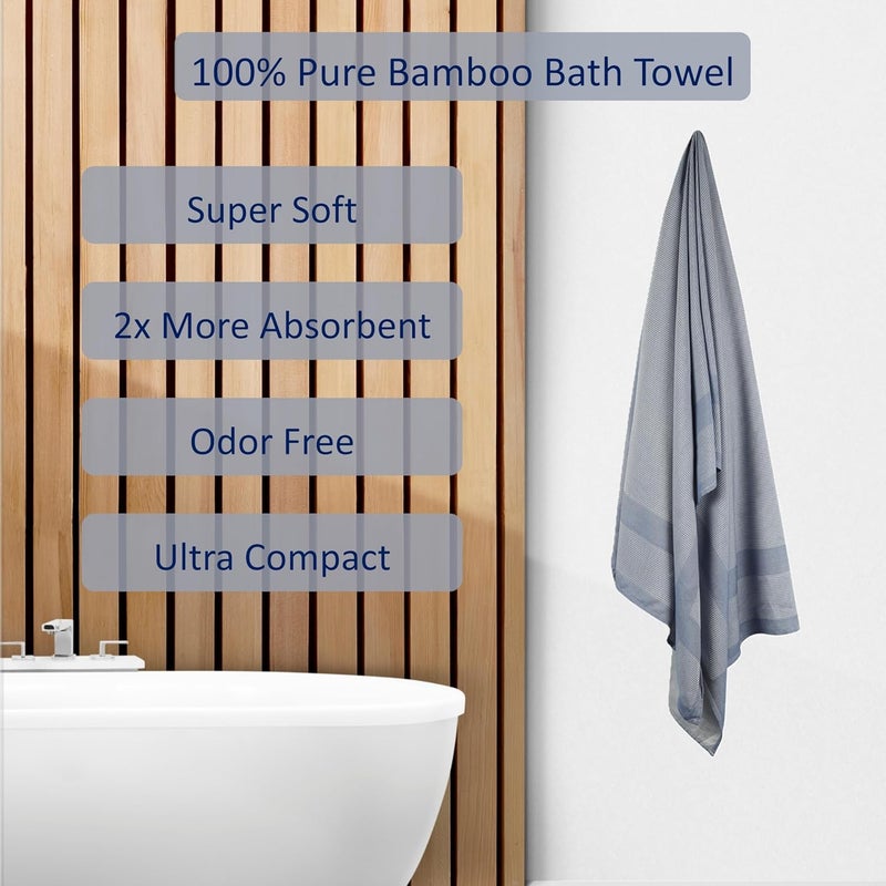 ZAHYA 100 Pure Bamboo Bath Towel Large Size 66x33 inches High Absorbency Quick Dry Pin Stripe Denim Blue - Image 2