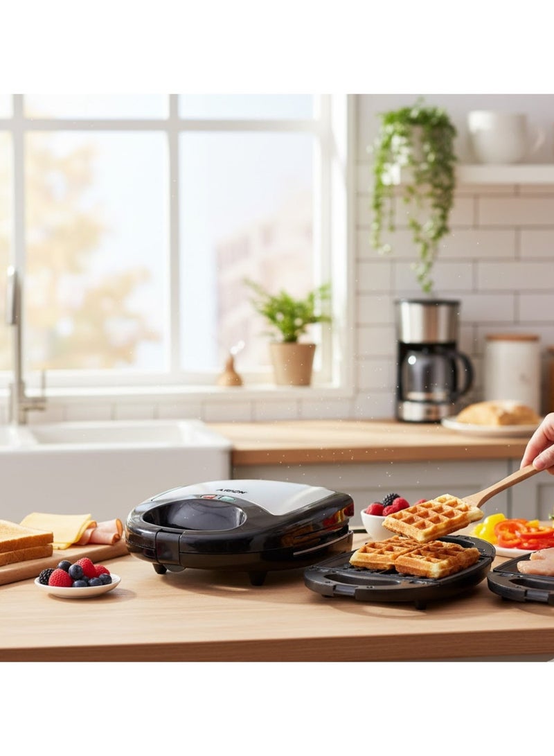 أريون اريون صانعة الساندوتشات الذكية الخفيفة متعدد الوظائف 3 في 1 | أطباق ساندويتش، وافل، وشواء | 1000 واط غير لاصق - Image 2