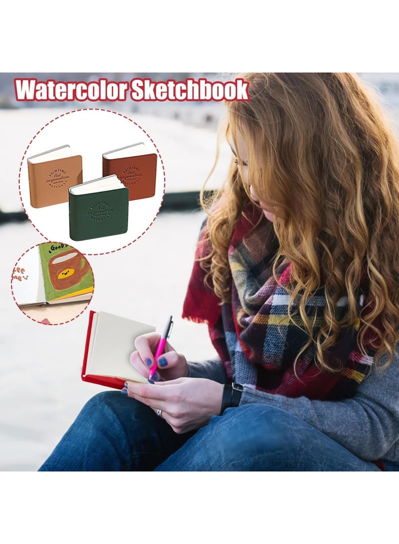 SYOSI Watercolor Sketchbook Set ，Charcoal Sketchbook，3 Pieces with 300 GSM Cotton Paper, Portable Pocket Notebook for Artists, 48 Pages Each, Small Art Journal with Handmade Leather Cover(2x2 Inch) - Image 3