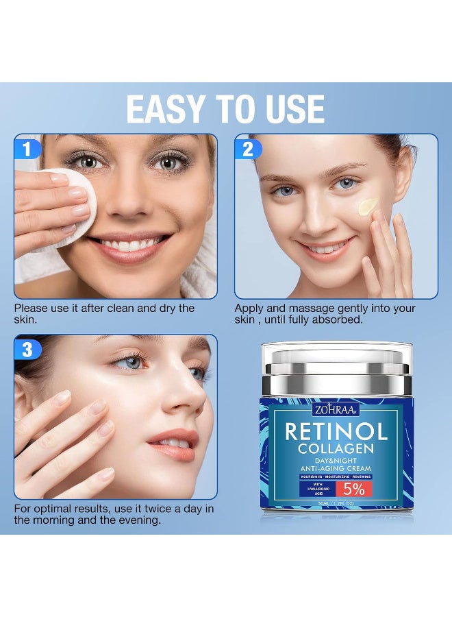 ZOHRAA ZOHRAA Retinol Cream for Face - Facial Moisturizer with Collagen and Hyaluronic Acid, Anti-Wrinkle Reduce Fine Lines Vitamin C+E Natural-Ingredient Day Night Anti-Aging For Women Men - Image 5