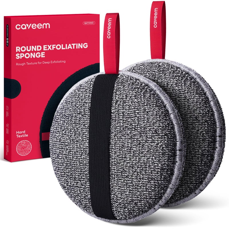 Caveem Exfoliating Body Scrubber, Extra Rough Shower Exfoliator Sponge, Body Exfoliating Sponges for Remove Dead Skin, Bath and Body Exfoliate Buffer, Round Sponge for Women (2 Pack) - Image 1