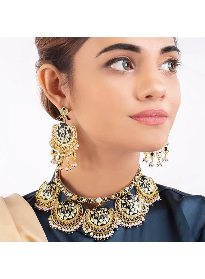 VOYLLA Voylla Tahira Floral Motifs Enameled Necklace Set, Onesize, Brass, Beads