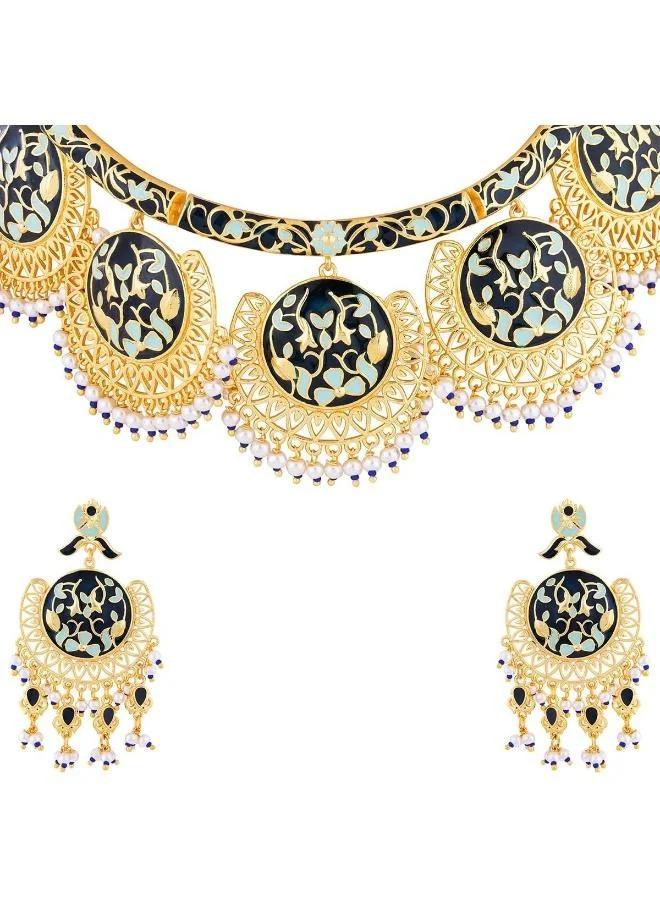 VOYLLA Voylla Tahira Floral Motifs Enameled Necklace Set, Onesize, Brass, Beads