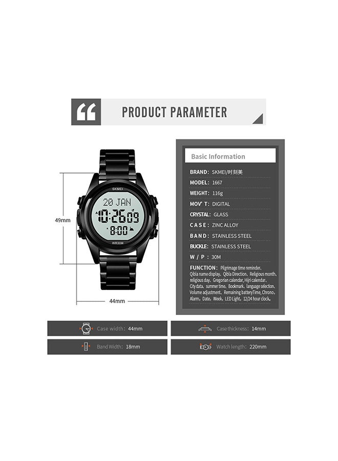 Men's 1667 Stainless Steel Back Digital Alfajr Azan Prayer Wrist Watch - 44 mm - Black - Image 4