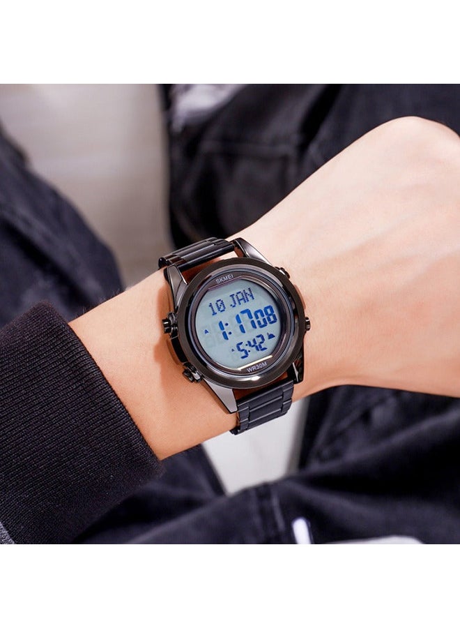 Men's 1667 Stainless Steel Back Digital Alfajr Azan Prayer Wrist Watch - 44 mm - Black - Image 3