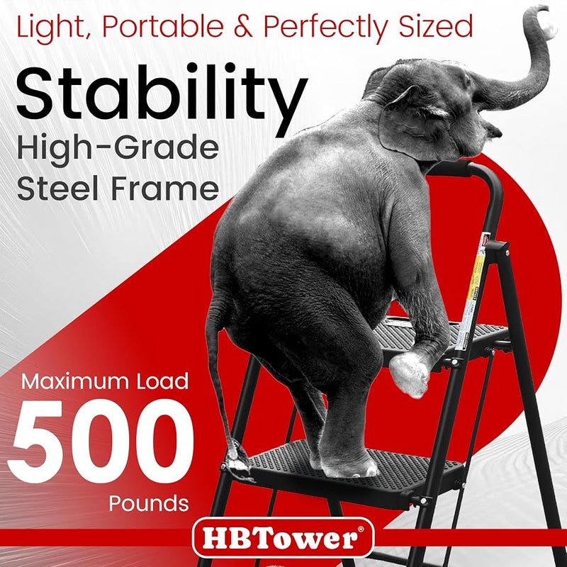 HBTower Step Ladder, Folding Step Stool with Wide Anti-Slip Pedal, Sturdy Steel Ladder, Convenient Handrail, Lightweight, Portable Steel Step Stool - Image 3