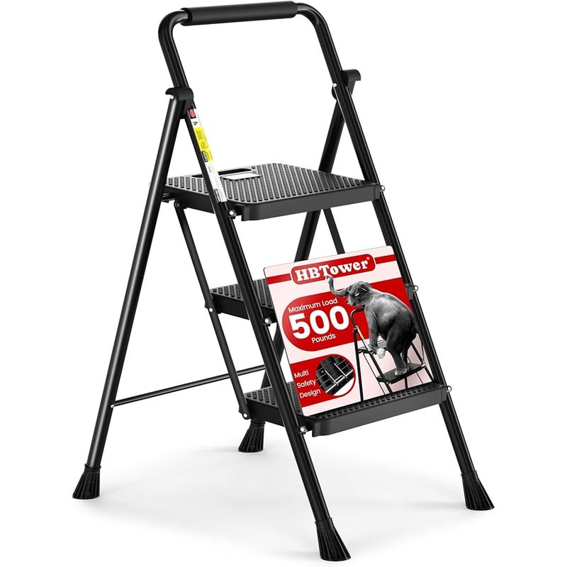 HBTower Step Ladder, Folding Step Stool with Wide Anti-Slip Pedal, Sturdy Steel Ladder, Convenient Handrail, Lightweight, Portable Steel Step Stool - Image 1