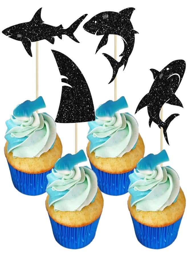 ايفلين مجموعة إيفلين لتزيين الكب كيك على شكل زعانف سمكة قرش، 24 قطعة، لون أزرق لامع، بتصميم زعانف سمكة قرش، مناسبة لحفلات استقبال المولود الجديد وأعياد ميلاد الأطفال، لون أسود. - Image 1