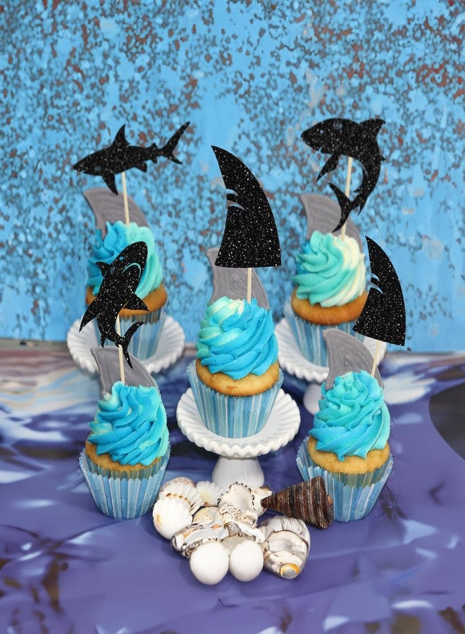 ايفلين مجموعة إيفلين لتزيين الكب كيك على شكل زعانف سمكة قرش، 24 قطعة، لون أزرق لامع، بتصميم زعانف سمكة قرش، مناسبة لحفلات استقبال المولود الجديد وأعياد ميلاد الأطفال، لون أسود. - Image 5