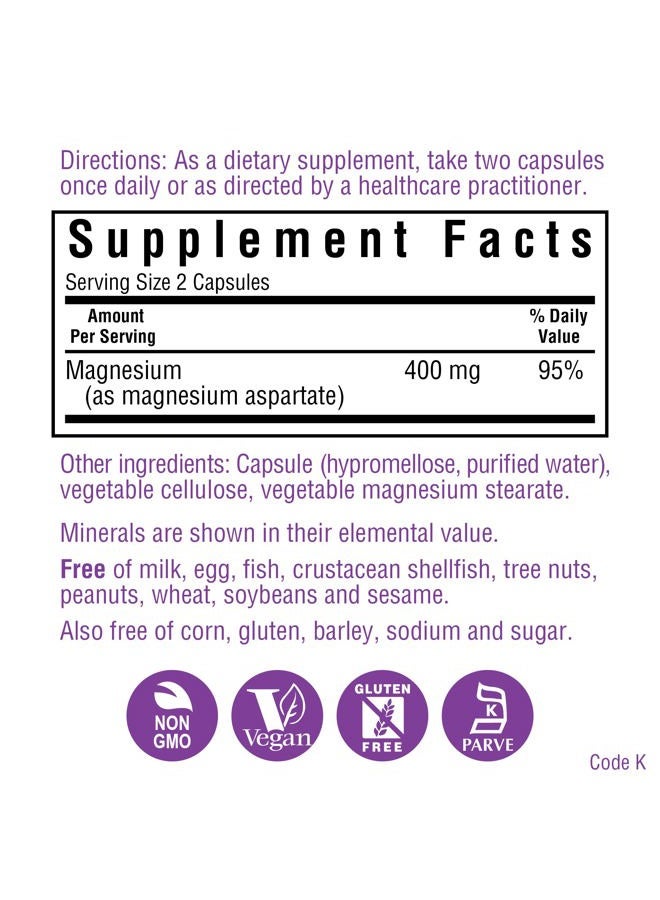 Bluebonnet Nutrition Magnesium Aspartate 400 mg, 200 Vegetarian Capsules - Image 2