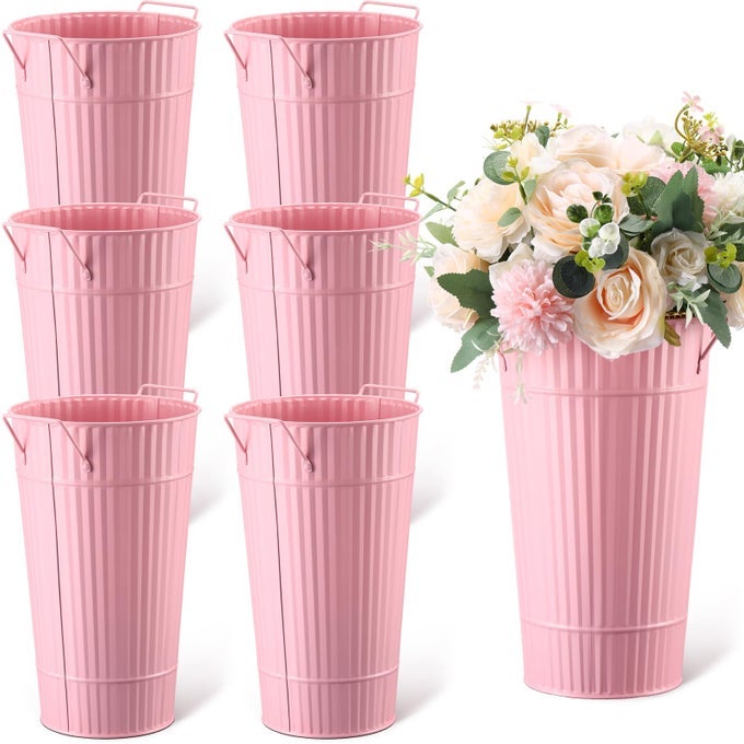 6 PCS 12 INCH GALVANIZED FLOWER BUCKETS METAL FLOWER VASES WITH HANDLE FARMHOUSE FRENCH BUCKET PLANTER FLORAL CONTAINER FOR FLOWERS WEDDING BRIDAL SHOWER HOME TABLE DECORPINK