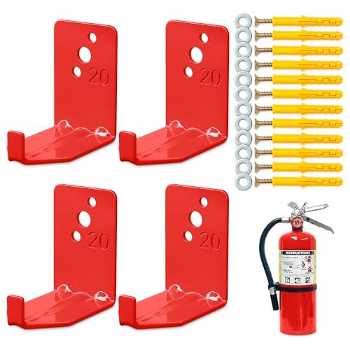 Reluen Set of 4 Fire Extinguisher Mount Bracket - 2.36″ × 1.57″ × 2.36″ Fire Extinguisher Hook, Include Screws and Gaskets, Easy to Install, Hold Up to 20 lb, Good for Workshop, Garage, or Home Use - Image 1