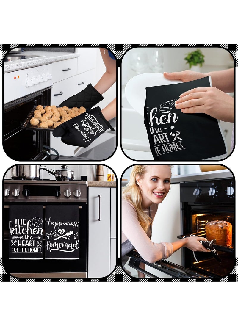 Sratte Sratte 6 Pcs Kitchen Decor Accessories Set Farmhouse Towels Pot Holders Oven Mitts Set 2 Dish Towels 2 Potholders 2 Cooking Mittens Oven Glove for Baking Cooking SupplyBlackKitchen  - Image 4