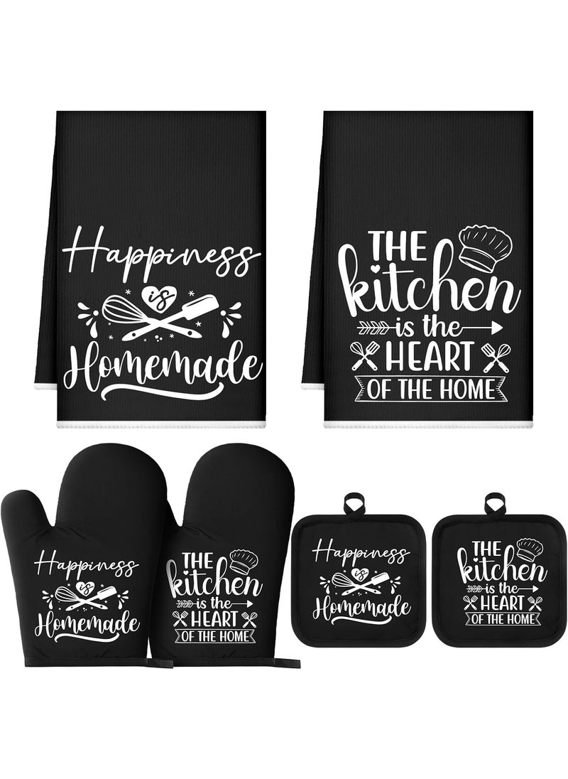 Sratte Sratte 6 Pcs Kitchen Decor Accessories Set Farmhouse Towels Pot Holders Oven Mitts Set 2 Dish Towels 2 Potholders 2 Cooking Mittens Oven Glove for Baking Cooking SupplyBlackKitchen  - Image 1