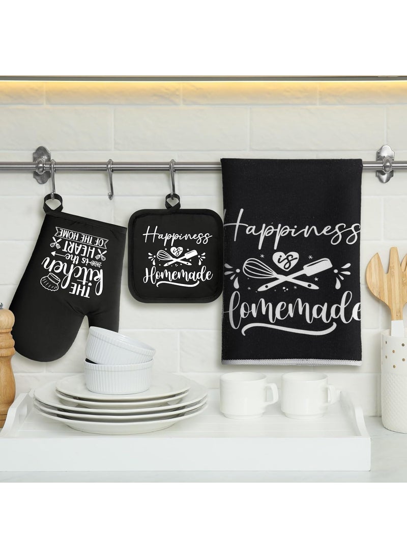 Sratte Sratte 6 Pcs Kitchen Decor Accessories Set Farmhouse Towels Pot Holders Oven Mitts Set 2 Dish Towels 2 Potholders 2 Cooking Mittens Oven Glove for Baking Cooking SupplyBlackKitchen  - Image 2