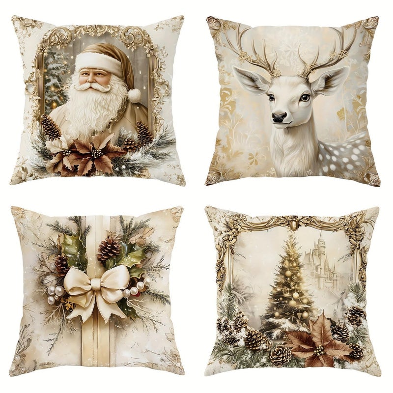 NSSHEL 4 Pcs Christmas Throw Pillow Covers Xmas Tree Santa Claus Elk Designs Short Plush SingleSided Printed Xmas Pillowcase Cushion Covers for Couch Home Decor 18x18 Inch Inserts Not Included - Image 2