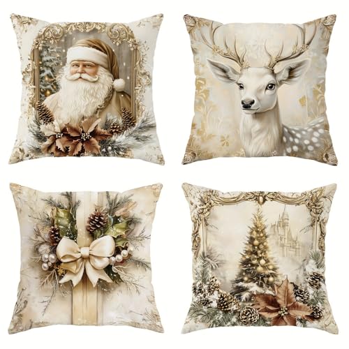 NSSHEL 4 Pcs Christmas Throw Pillow Covers Xmas Tree Santa Claus Elk Designs Short Plush SingleSided Printed Xmas Pillowcase Cushion Covers for Couch Home Decor 18x18 Inch Inserts Not Included - Image 1