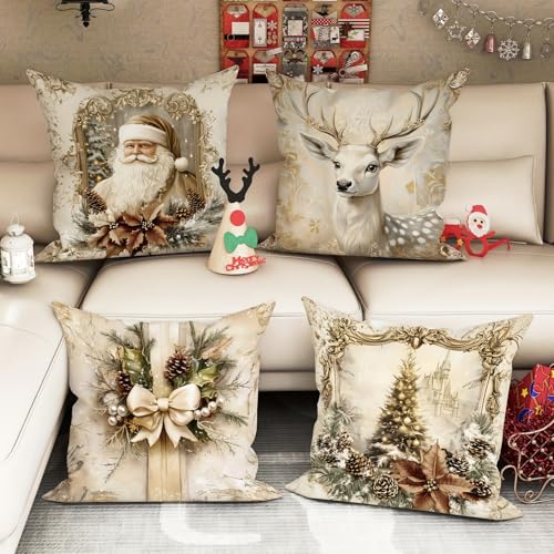 NSSHEL 4 Pcs Christmas Throw Pillow Covers Xmas Tree Santa Claus Elk Designs Short Plush SingleSided Printed Xmas Pillowcase Cushion Covers for Couch Home Decor 18x18 Inch Inserts Not Included - Image 3