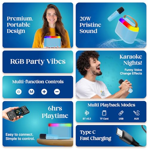 pTron Newly Launched Fusion Joy 20W Bluetooth Speaker with Wireless Karaoke Mic, 6Hrs Playtime, Vivid RGB Lights, Voice Effects, Multi-Play Modes BT5.3/TF Card & Type-C Charging Port (Blue) - Image 2