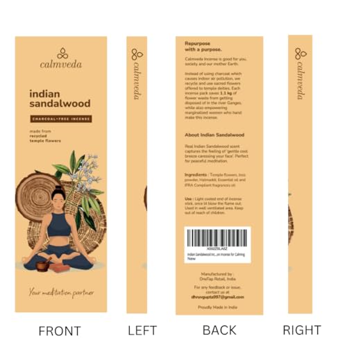 Calmveda Indian Sandalwood Incense Sticks - 80 Sticks, Charcoal Free, Upcycled Flowers, All Natural, Non Toxic, Meditation & Stress Relief - Image 5