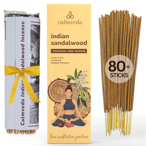Calmveda Indian Sandalwood Incense Sticks - 80 Sticks, Charcoal Free, Upcycled Flowers, All Natural, Non Toxic, Meditation & Stress Relief - Image 1