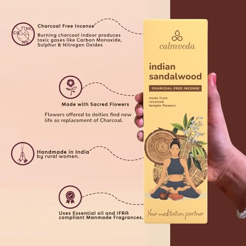 Calmveda Indian Sandalwood Incense Sticks - 80 Sticks, Charcoal Free, Upcycled Flowers, All Natural, Non Toxic, Meditation & Stress Relief - Image 2